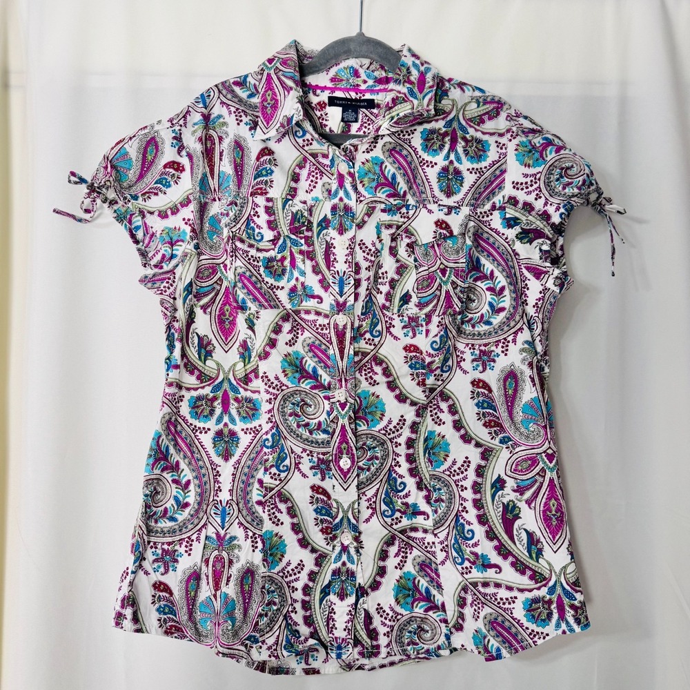 Tommy Hilfiger Paisley Floral Blouse Medium Boho Ruched Tie Sleeve Colorful Top